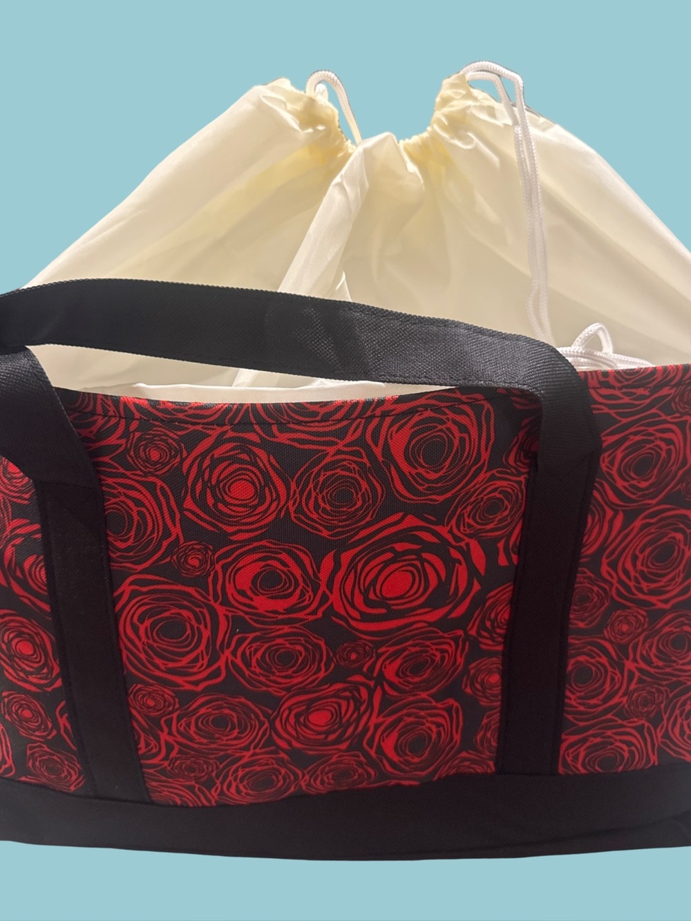 Red Rose Print insulated Tote Bag with Black Trim